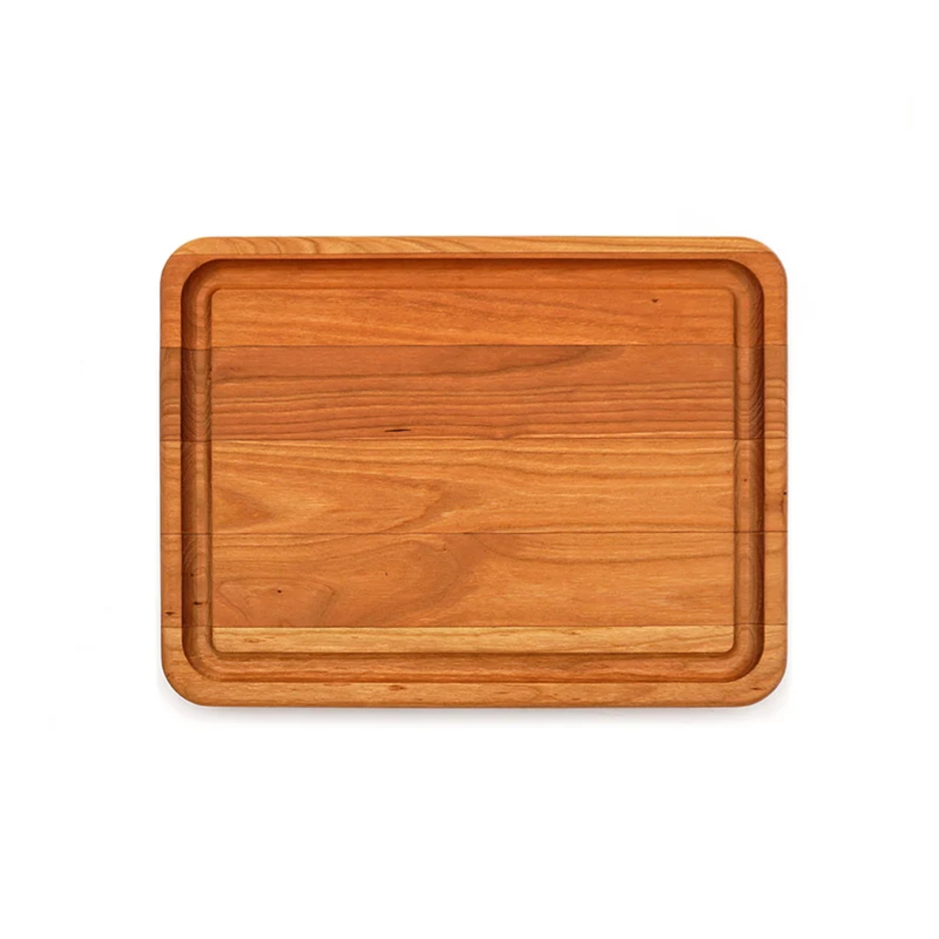 A rectangular wooden cutting board with rounded corners and a raised rim, shown from a top-down view on a solid white background.