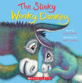 Children's book cover for 'The Stinky Woony Donkey' featuring a colorful illustration of a donkey on a blue background, with a Scholastic logo at the bottom.