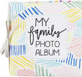 Family photo album with colorful abstract patterns on a white background
