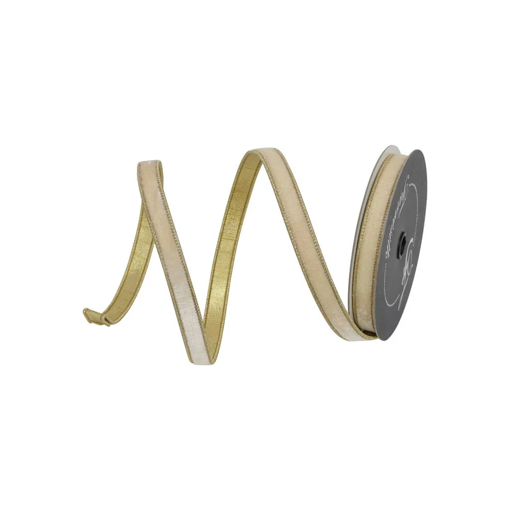 A spool of decorative ribbon with a wide, flat cream-colored center stripe and a thin, metallic gold edge, shown on a plain white background.