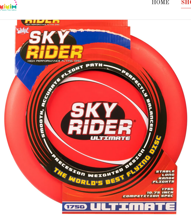 A red flying disc with 'SKY RIDER ULTIMATE' text and graphics on it, displayed in packaging.