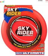 A red flying disc with 'SKY RIDER ULTIMATE' text and graphics on it, displayed in packaging.