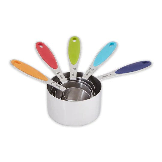A set of five color-handled measuring cups in ascending sizes, with white cups and colorful handles.