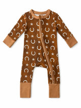 Brown baby onesie with moon and star pattern on a white background