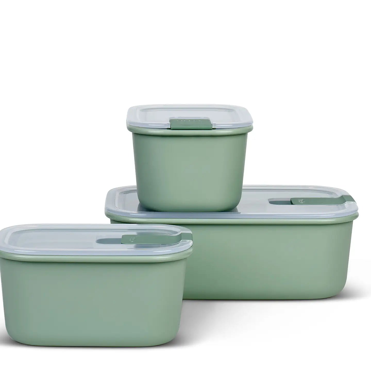 Set of three green food storage containers with lids on a white background