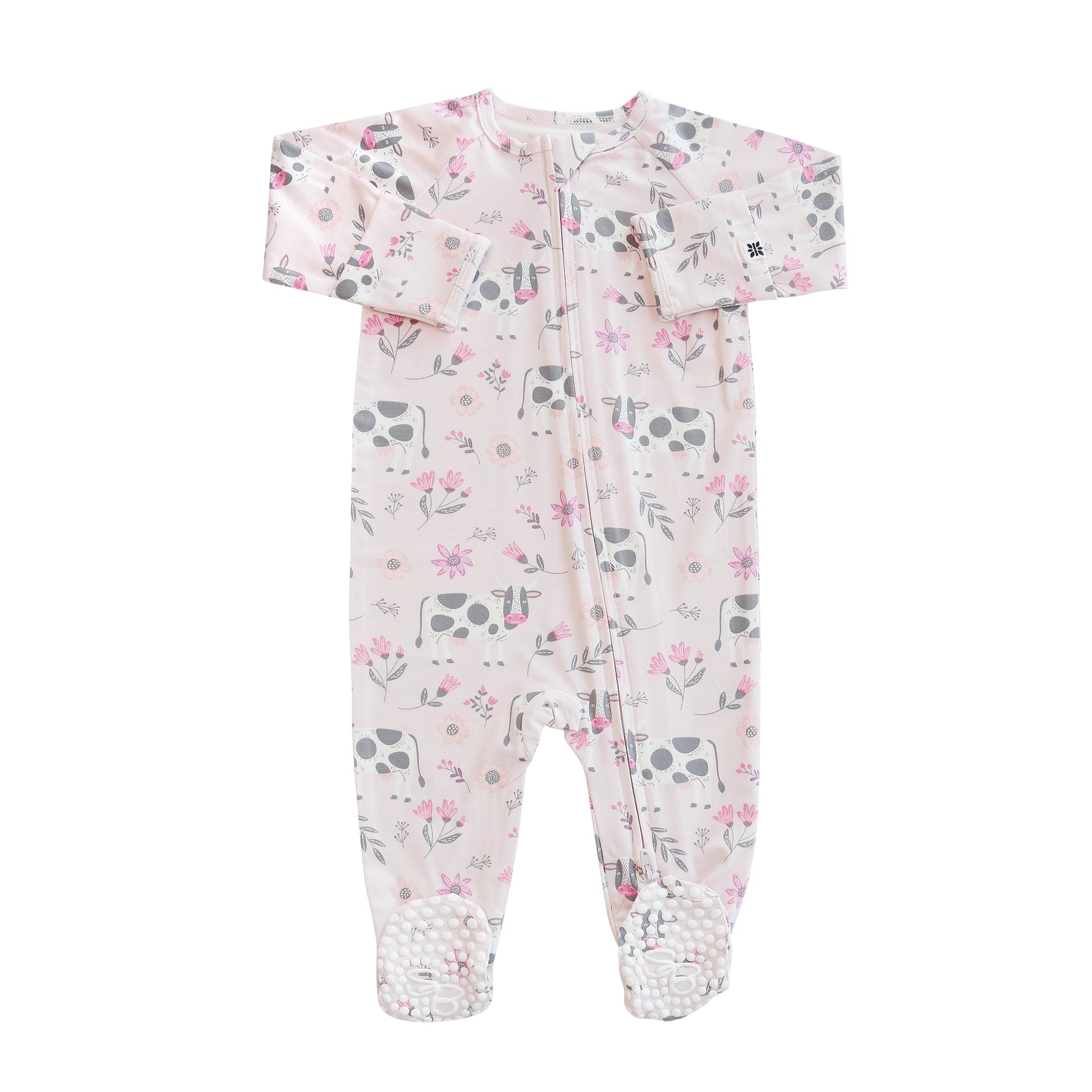 Baby onesie with floral and animal pattern on a white background