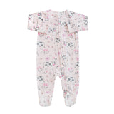 Baby onesie with floral and animal pattern on a white background