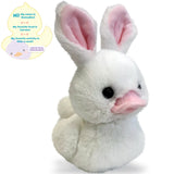 White plush bunny toy with pink inner ears on a white background
