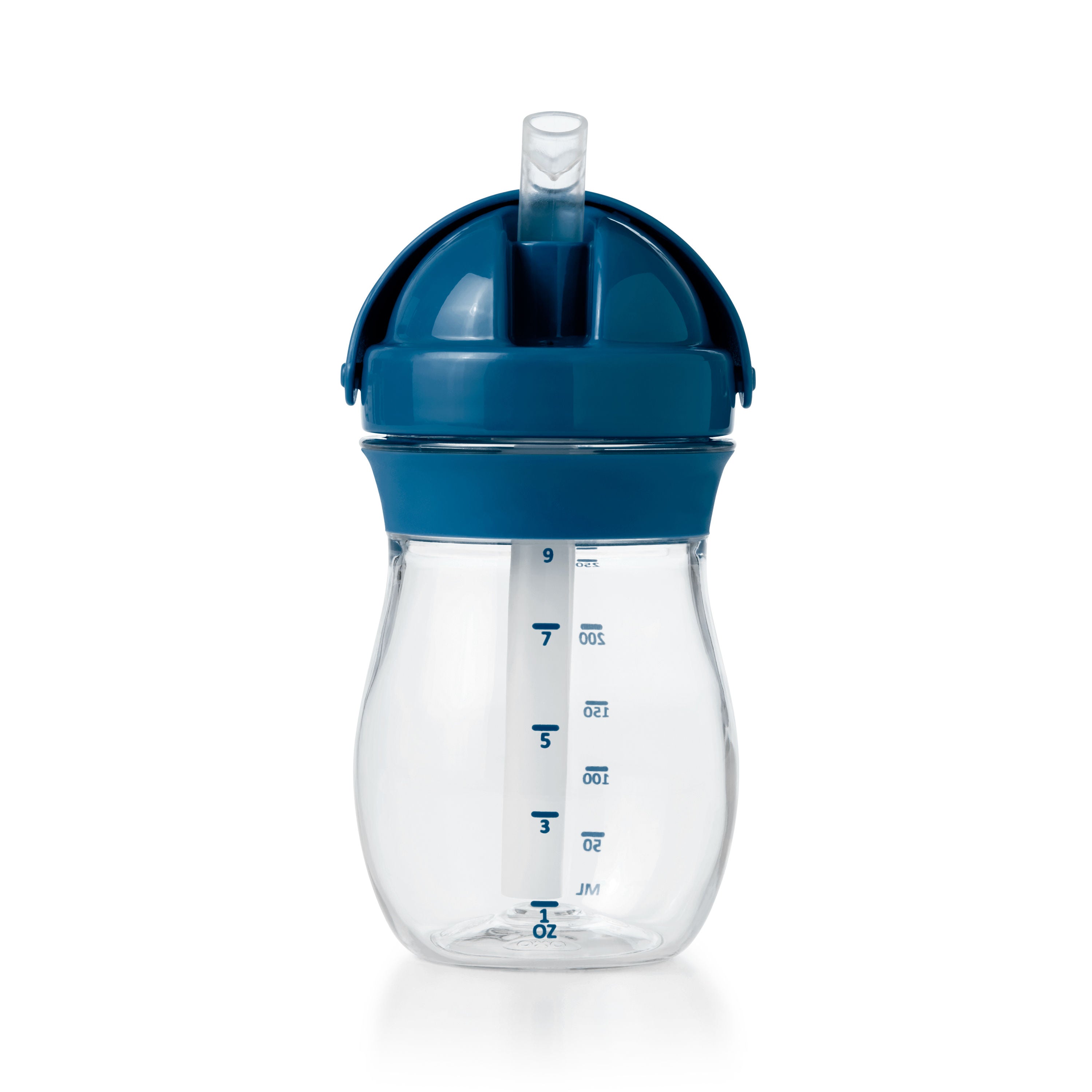 A OXO TOT straw cup with a blue straw top and clear measurement markings on the side.