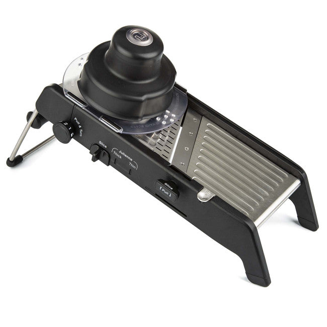 A black mandoline slicer on a white background, designed for kitchen use.