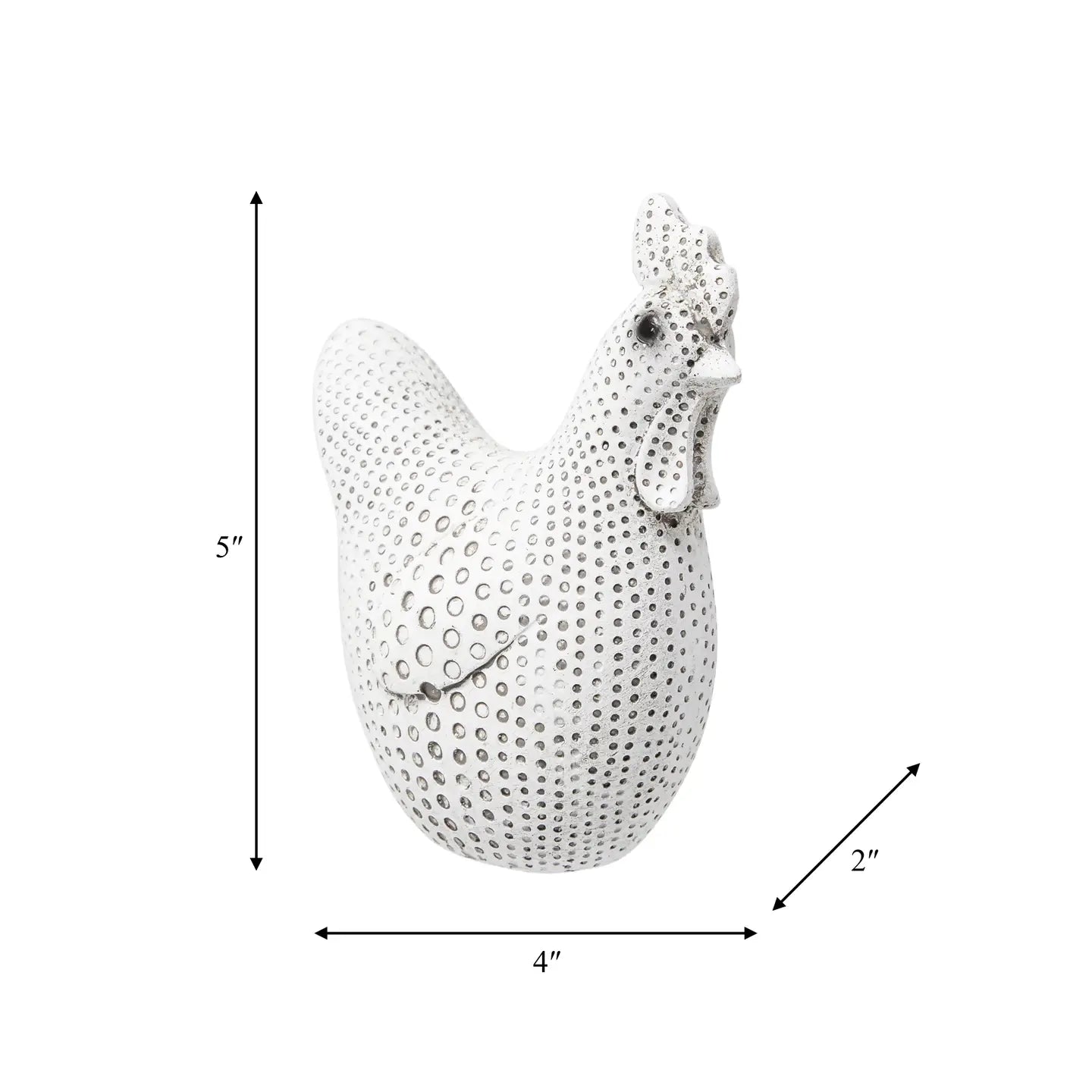Decorative chicken-shaped clock with measurements on a white background
