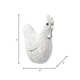 Decorative chicken-shaped clock with measurements on a white background