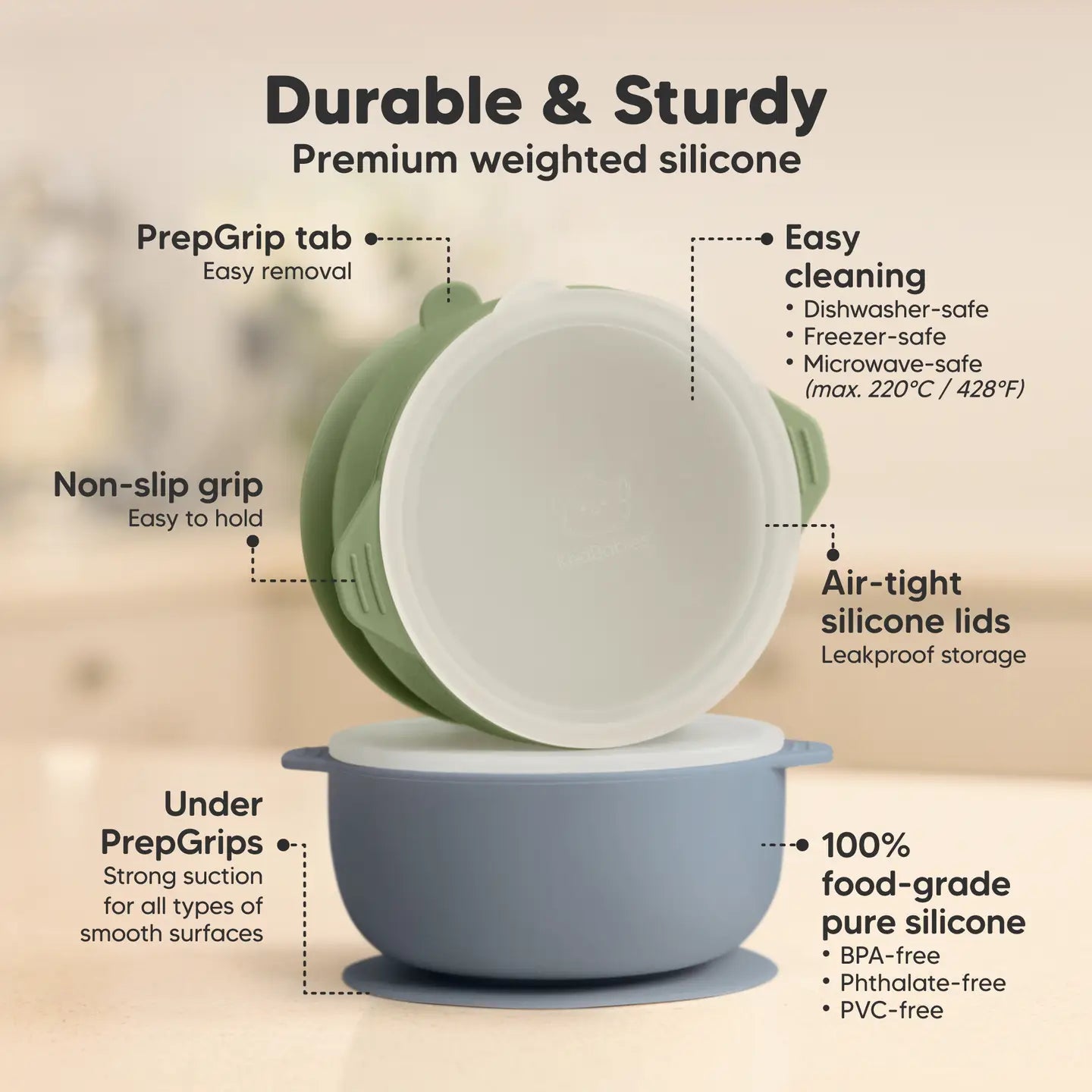 Silicone containers with features highlighted on a beige background