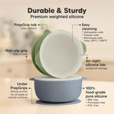 Silicone containers with features highlighted on a beige background