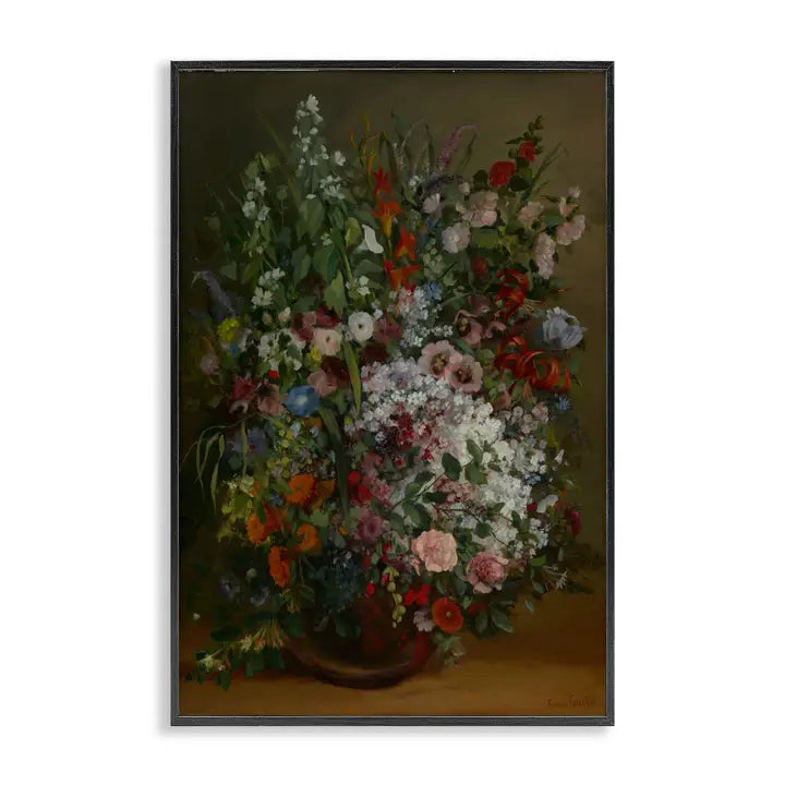 A framed classical-style oil painting depicting a dense, vibrant floral bouquet in a dark vase against a dark brown background. The painting is housed in a simple black frame and is shown against a clean white background.