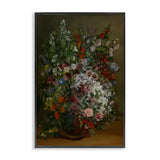 A framed classical-style oil painting depicting a dense, vibrant floral bouquet in a dark vase against a dark brown background. The painting is housed in a simple black frame and is shown against a clean white background.