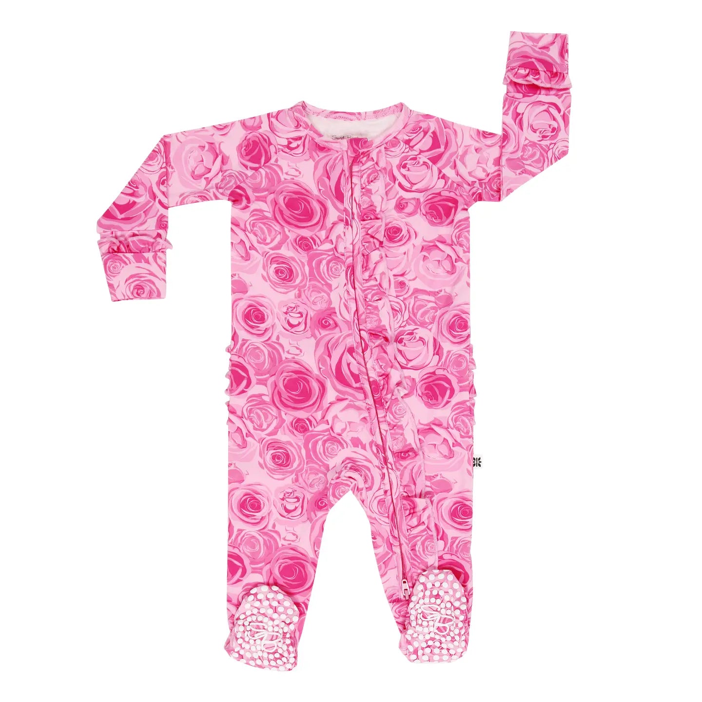 Pink floral patterned baby onesie on a white background