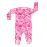 Pink floral patterned baby onesie on a white background