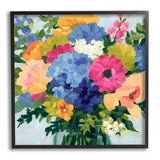 A framed floral art print featuring a colorful bouquet of flowers painted in expressive brushstrokes, including blue, pink, yellow, orange, and white blossoms with green leaves, set in a black frame against a white background.