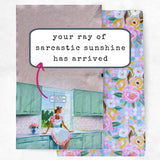Product packaging with a retro illustration of a woman in a kitchen and text 'your ray of sarcastic sunshine has arrived'.