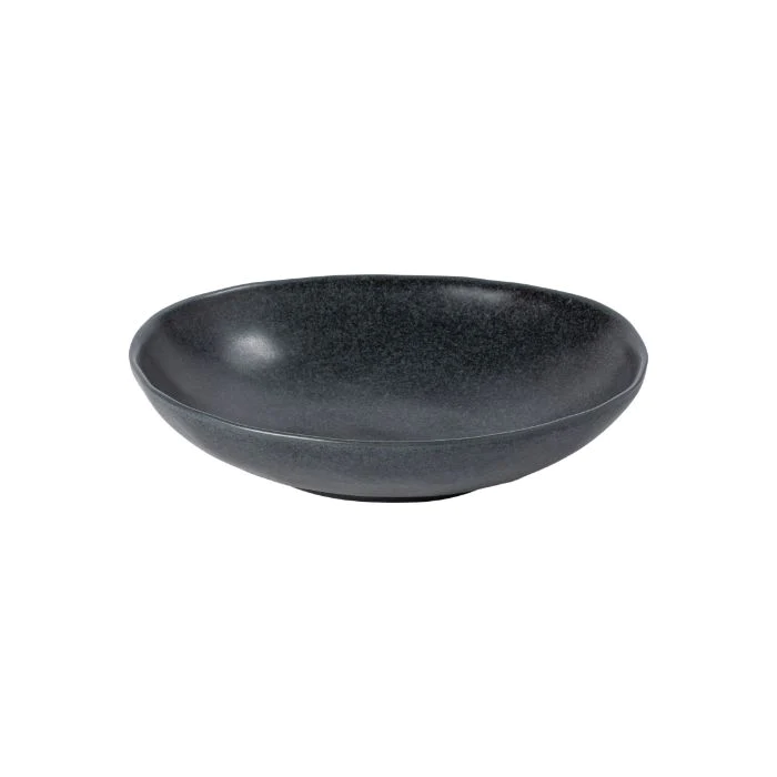 A gray ceramic pasta bowl with a smooth, rounded edge.