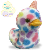 Colorful spotted duck plush toy with a ice cream cone on head as a hat label on a white background
