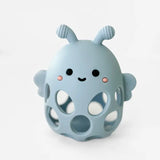 Blue baby teething toy with a smiling face on a white background