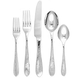 A 5-piece silver flatware set including a knife, fork, and spoon, with a reflective surface and decorative handles.