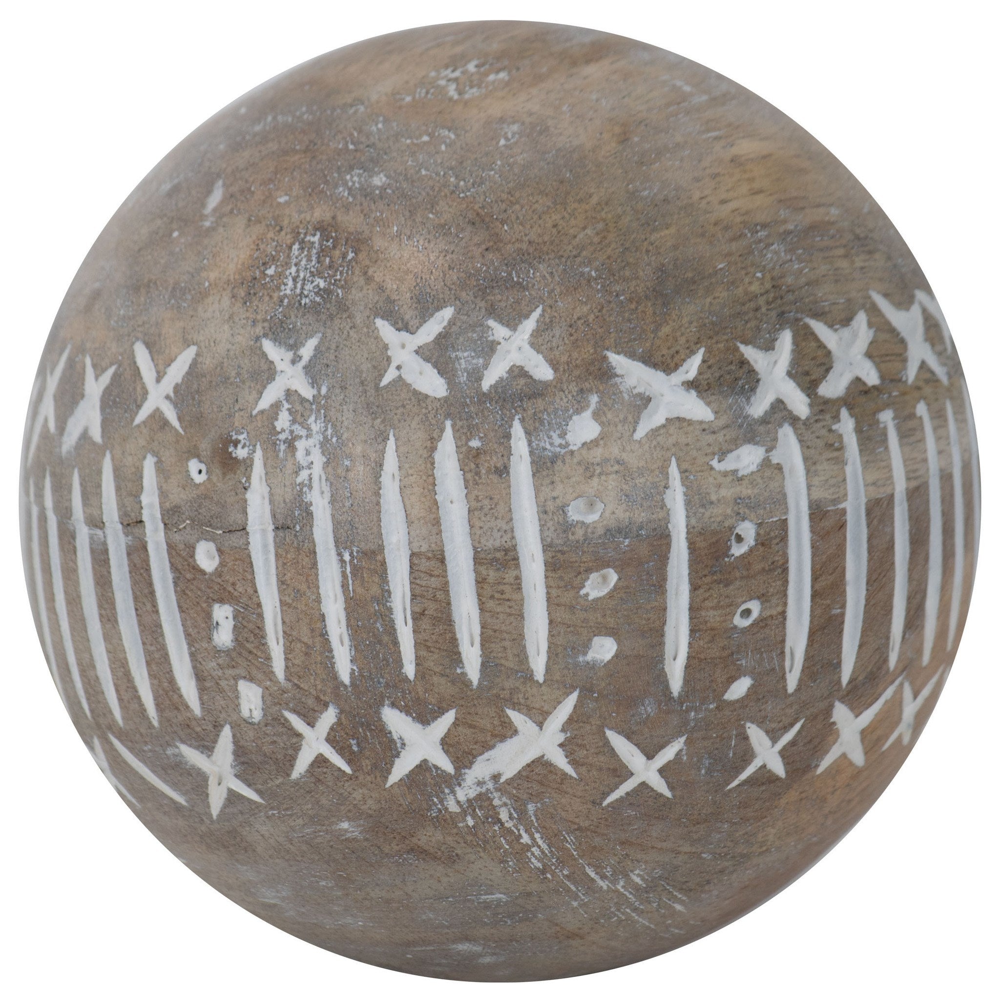 A decorative ball with a geometric pattern of white lines and symbols on a beige background.