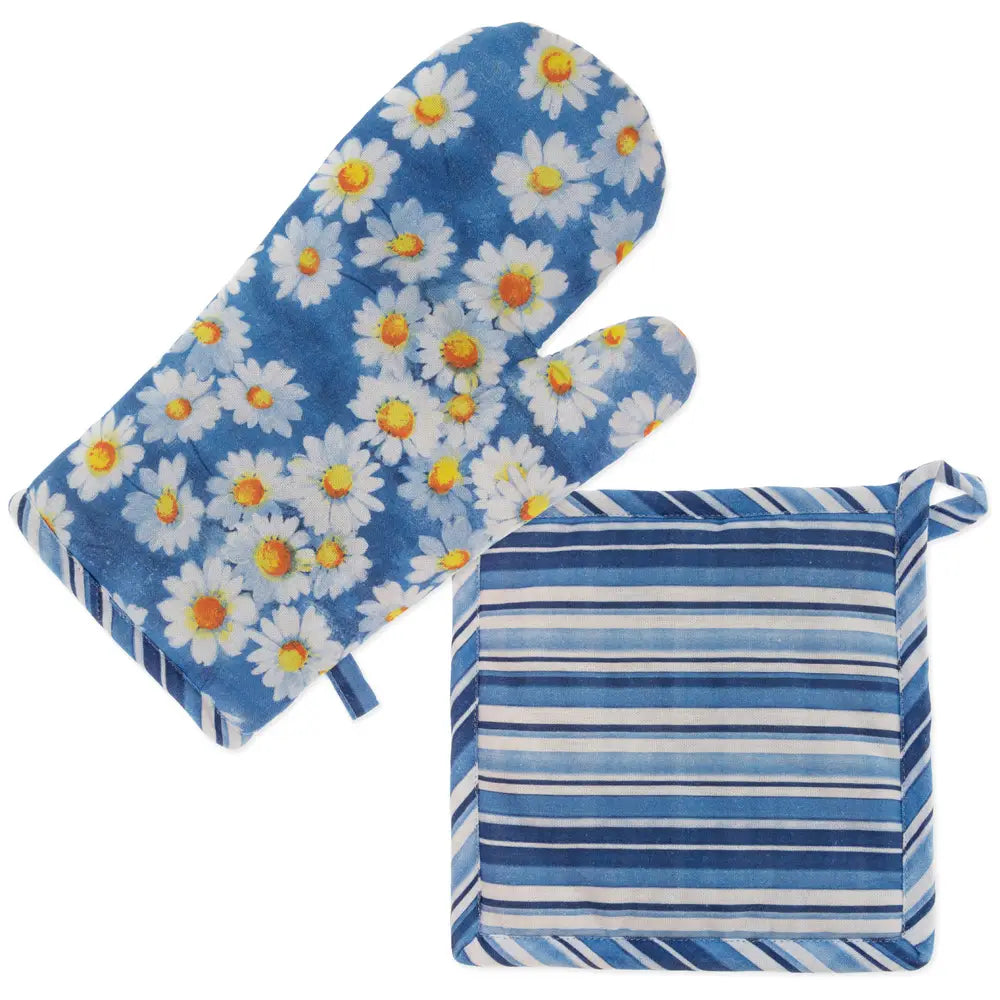 Blue floral oven mitt and striped pot holder on a white background