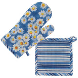 Blue floral oven mitt and striped pot holder on a white background