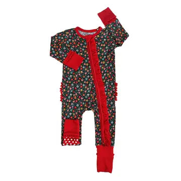 A baby long-sleeve footless one-piece sleeper with a red and multicolor floral pattern, featuring solid red trim, a front zipper, and a red pocket on one leg, shown against a plain white background.