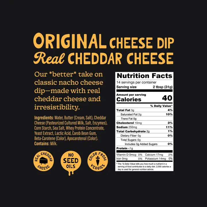 Cheese dip label with nutritional information and ingredients on a black background