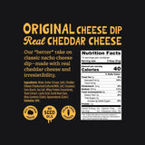 Cheese dip label with nutritional information and ingredients on a black background