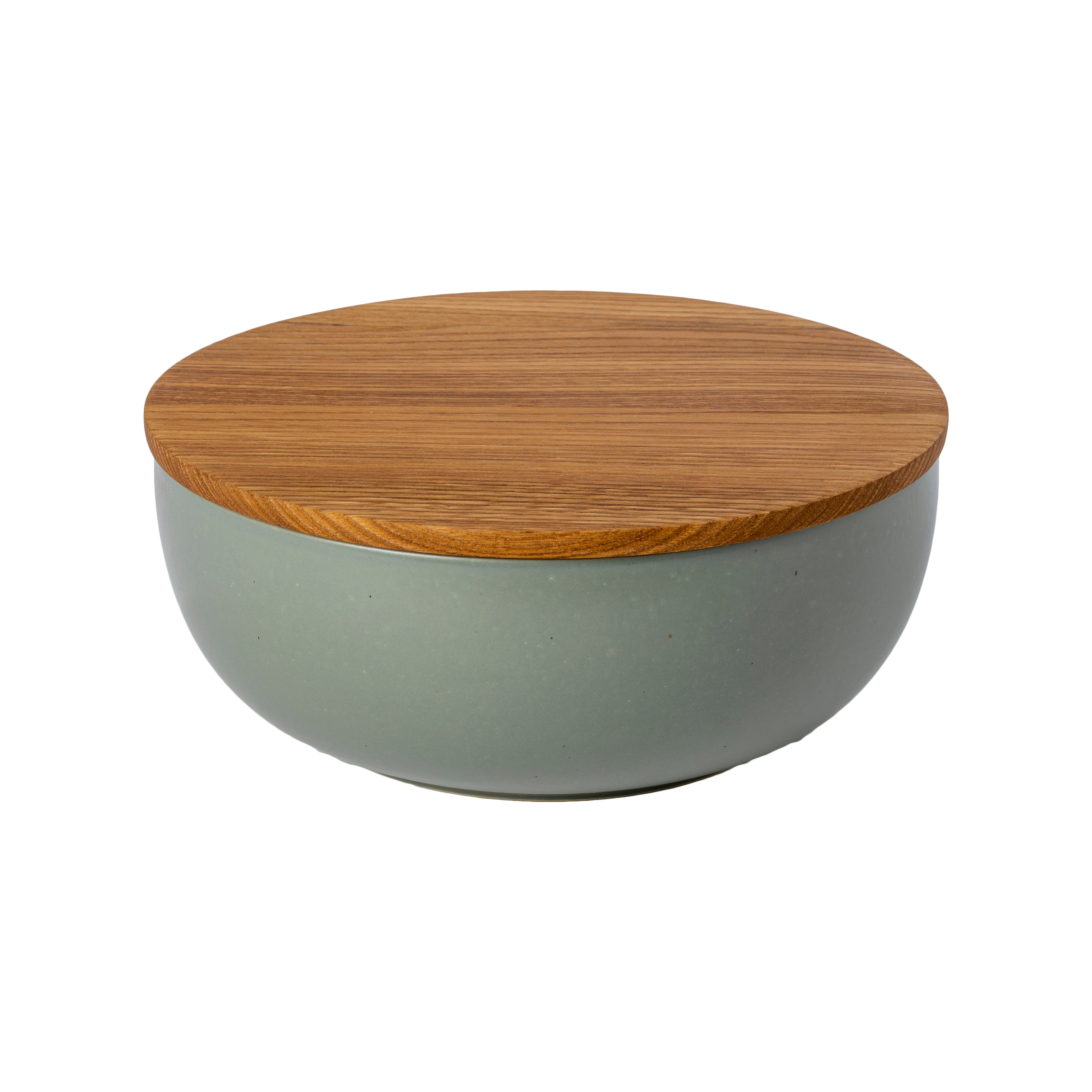 A round serving bowl with oak wood finish on the outside and a solid gray color on the inside.