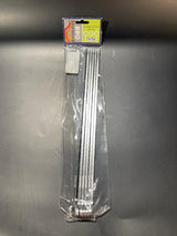 A set of six silver metal skewers packaged in clear plastic with a product label at the top.
