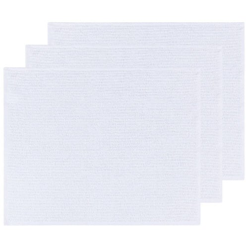 A stack of white cotton bar mop towels with a textured surface.