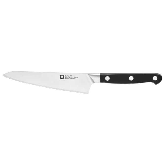 A ZWILLING branded chef's knife with a serrated edge and a black handle. The blade is silver-colored and has the Zwilling logo engraved on it.
