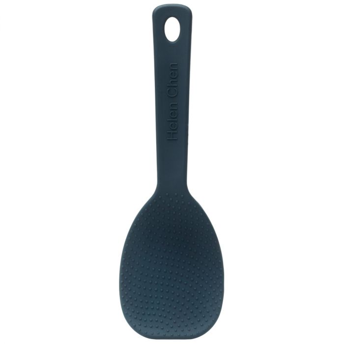 A navy-colored rice paddle with a perforated surface and a looped handle.