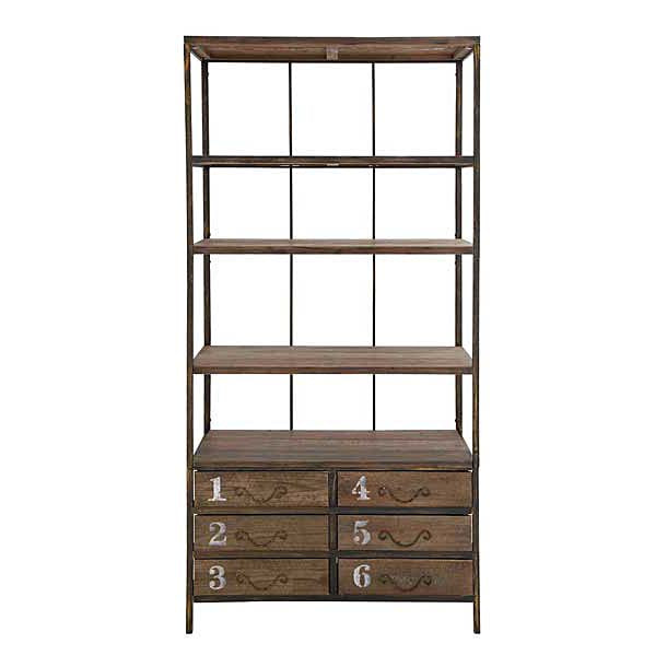 A wooden shelving unit with six drawers, metal frame, and wooden shelves, with numerical labels on the drawers.