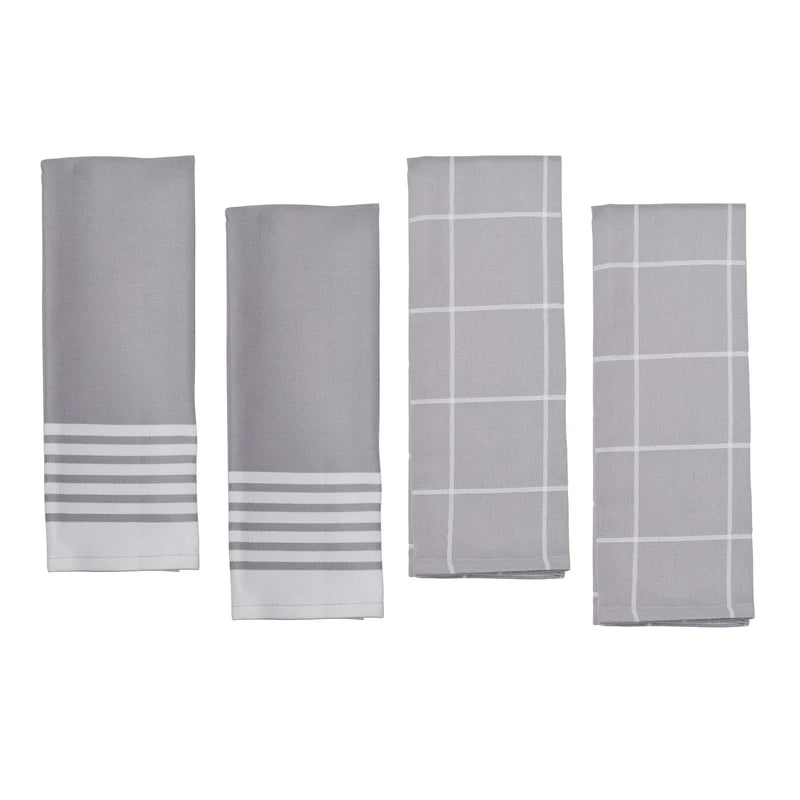 Set of four gray kitchen towels with different patterns on a white background