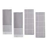 Set of four gray kitchen towels with different patterns on a white background