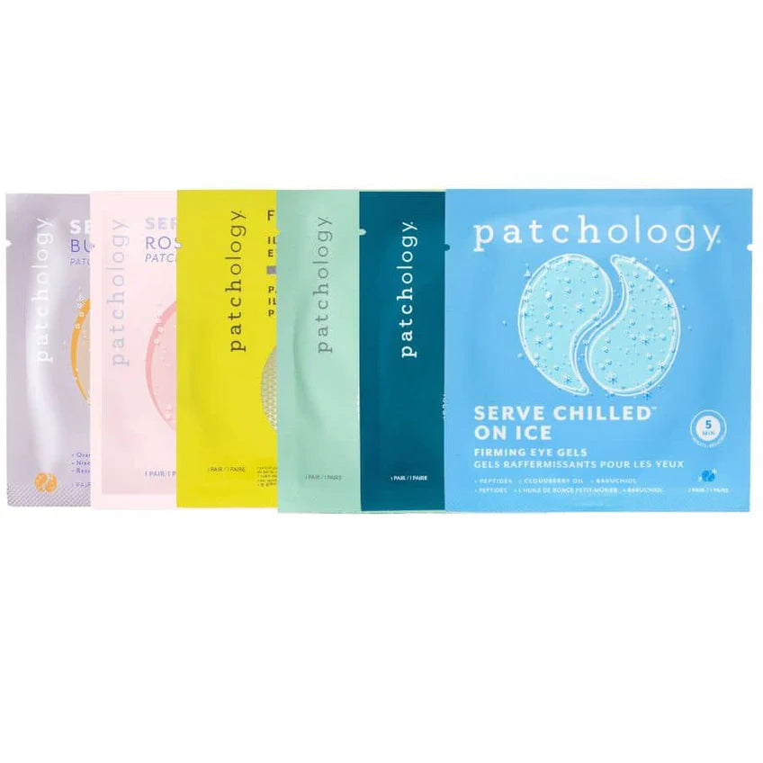 Set of Patchology eye gel packets in various colors on a white background