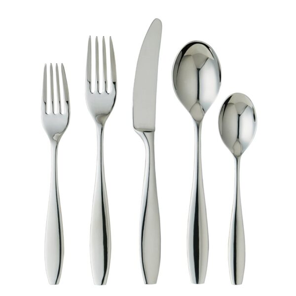 A 5-piece dining flatware set featuring a dinner fork, dinner knife, soup spoon, and teaspoon, all with a reflective silver finish.