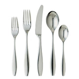 A 5-piece dining flatware set featuring a dinner fork, dinner knife, soup spoon, and teaspoon, all with a reflective silver finish.