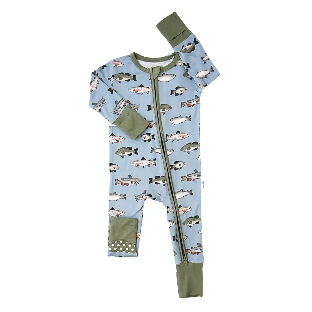 Children's onesie with fish pattern on a light blue background