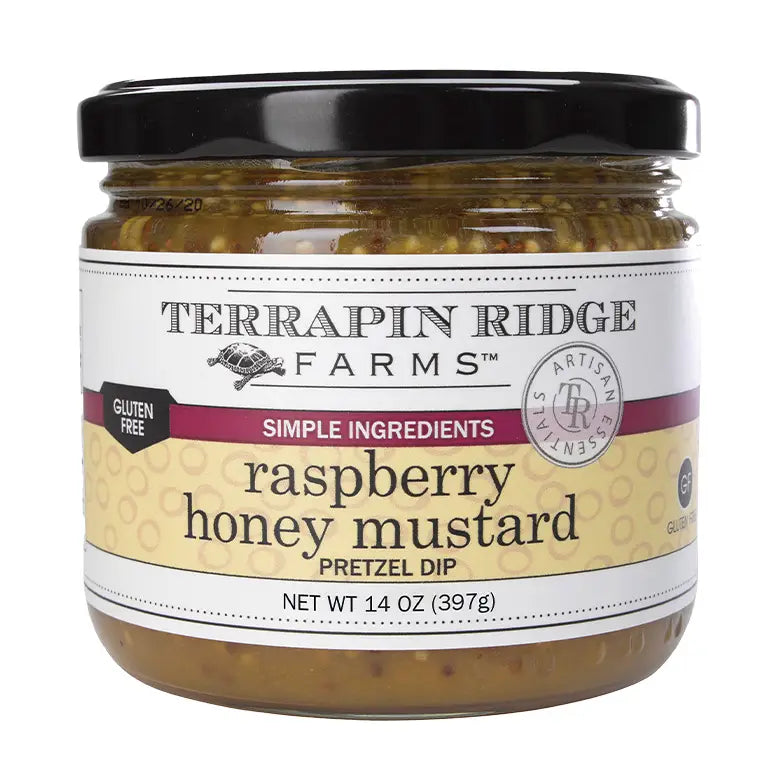 Jar of Terrapin Ridge Farms raspberry honey mustard pretzel dip on a white background