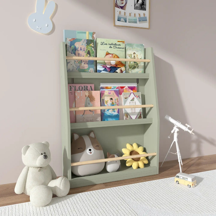 Children's green bookshelf with books and toys in a room setting