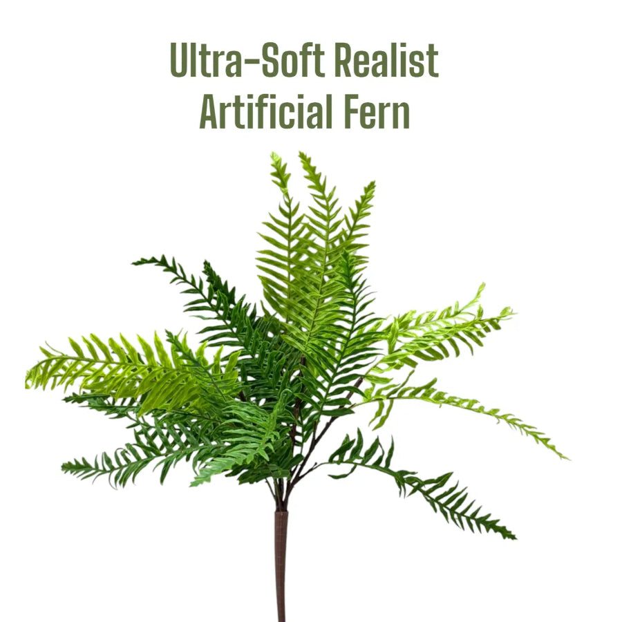 Artificial fern plant with text 'Ultra-Soft Realist Artificial Fern' on a white background