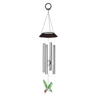 A 23.5 inch solar-powered windchime with black and metallic colors, designed to hang outdoors.